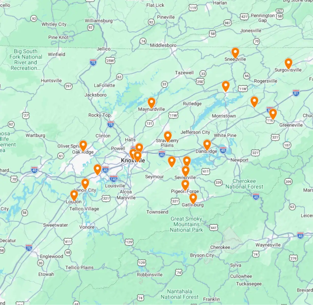 A map of eastern Tennessee highlighting locations with orange markers, centered around Knoxville and extending to surrounding towns and cities.